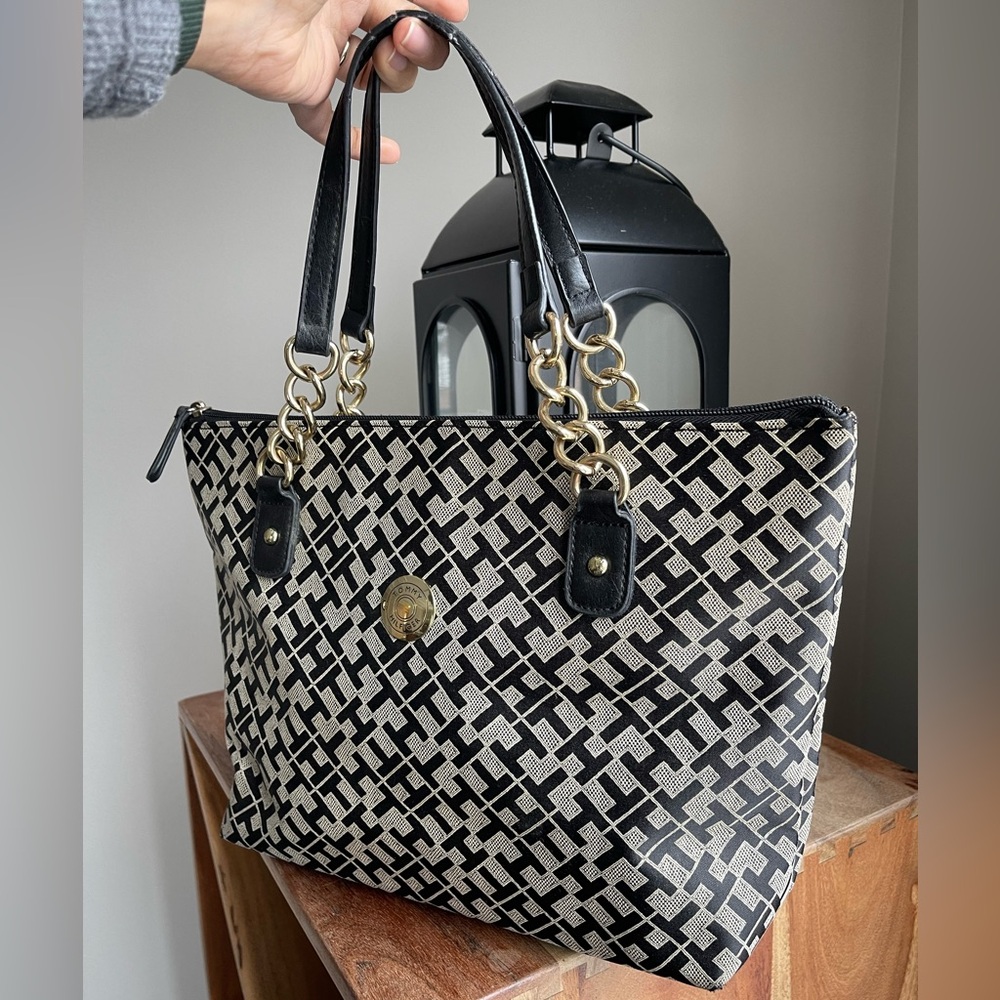 Tommy Hilfiger Stylish Black Tote, Monogram Print with Gold Hardware